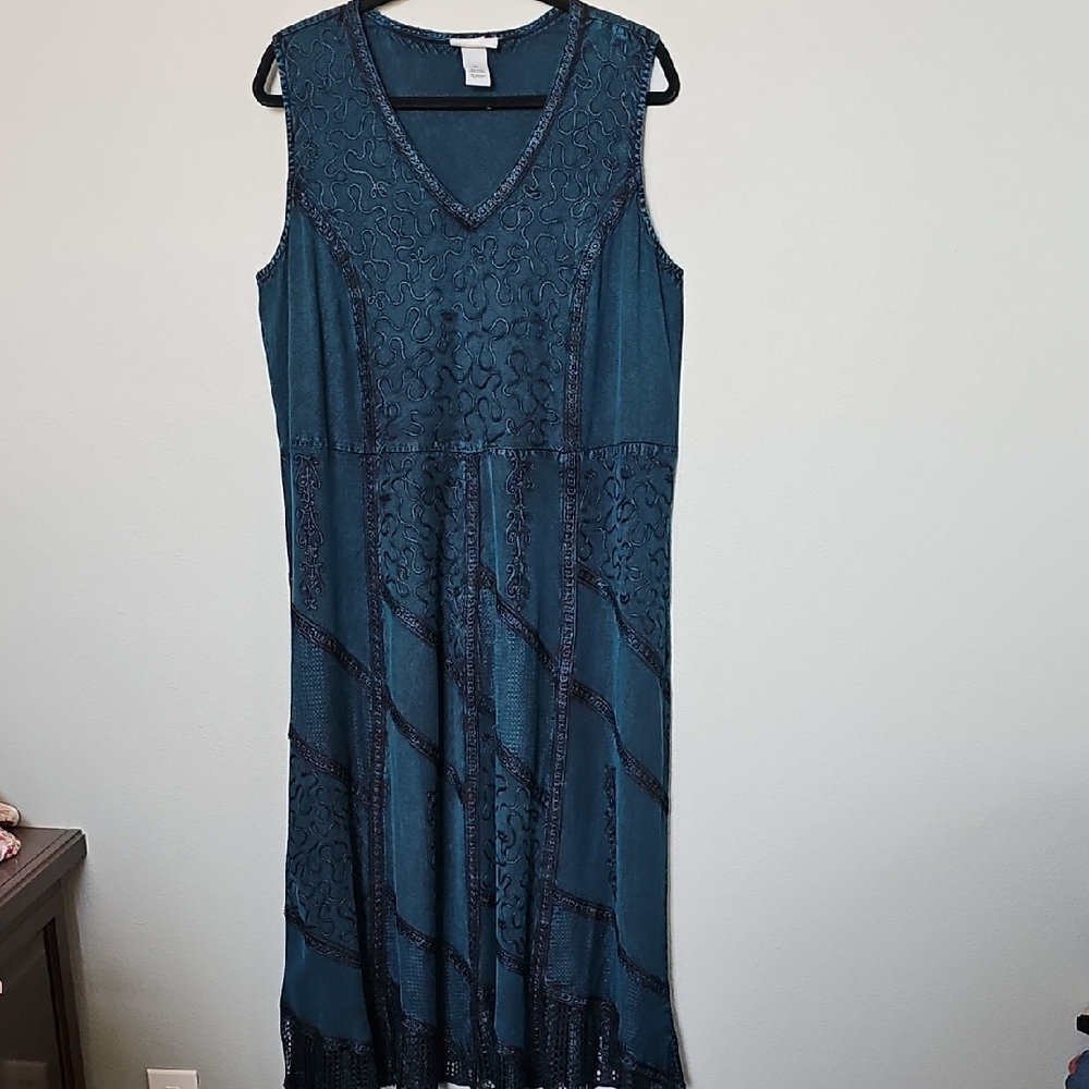 Catherines Fairy Goth Victorian Steampunk Teal Embroidered Maxi House Dress 0X